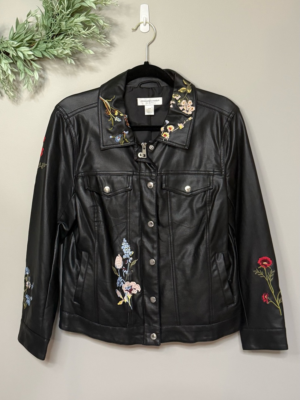 EUC Christopher & Banks Black Faux Leather Jacket with Floral Embroidery Size MP